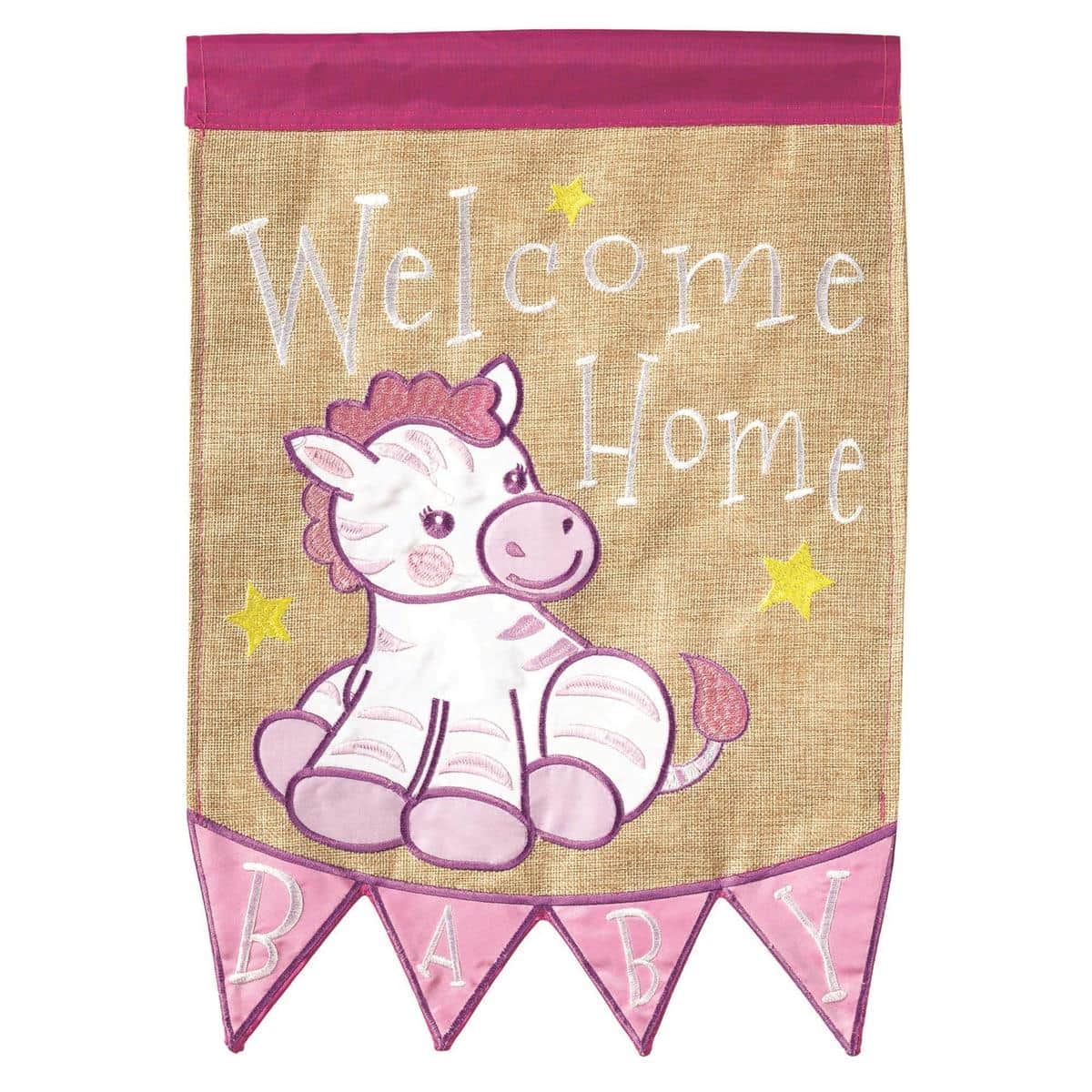 13x18 Baby Girl Garden Flag showing double applique floral and baby motif in pastel pinks and mint with stitched outlines and reinforced header ready for a small flag stand.
