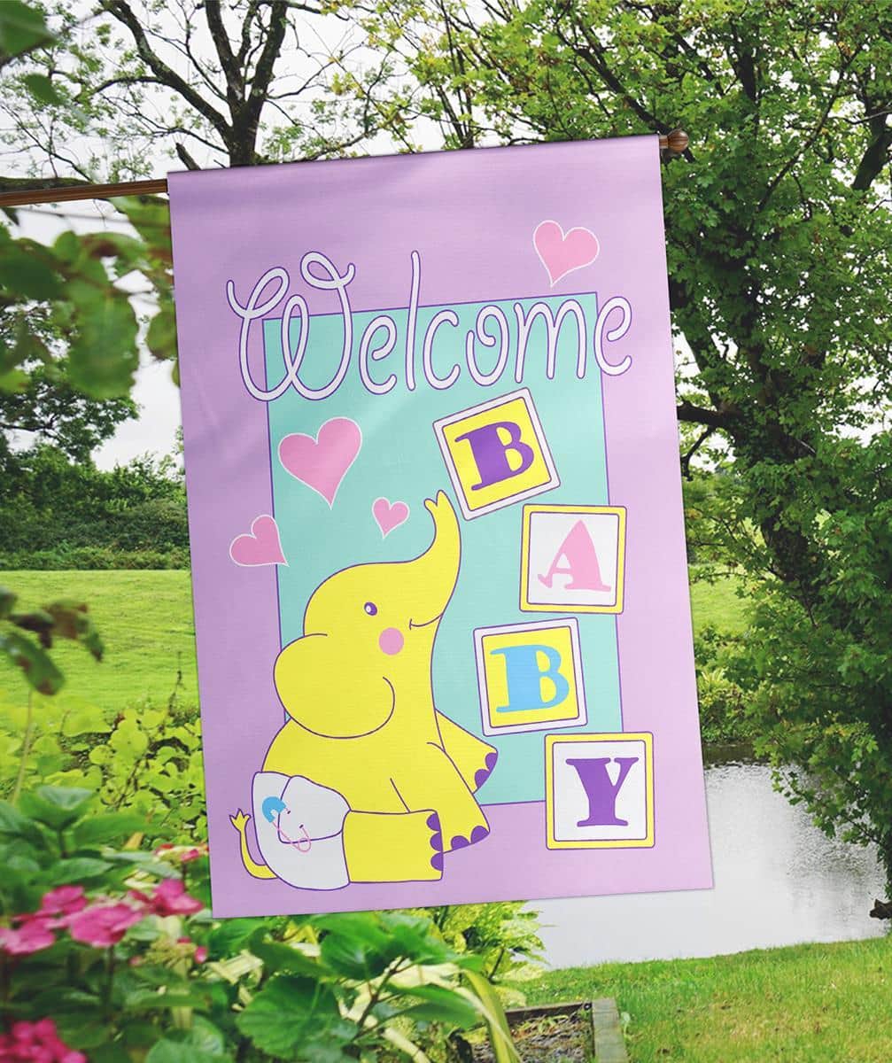 29x42 double applique Baby Welcome banner flag with soft pastel baby icons and layered stitching, weather resistant house flag hanging on a front porch