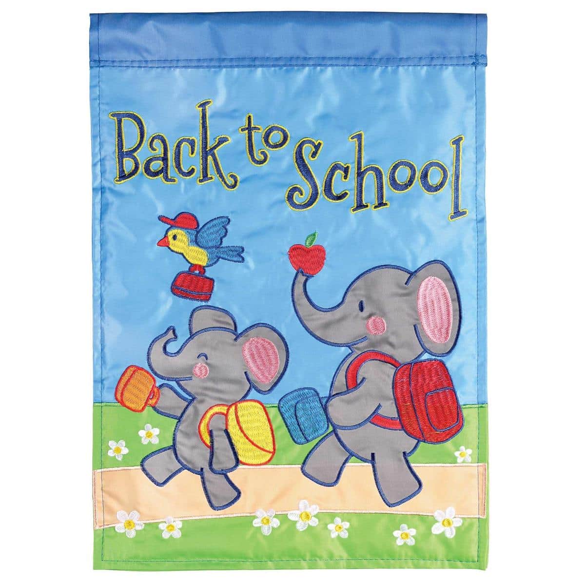 Back To School Elephants garden flag 13x18 double applique autumn elephant design with school accents displayed on a porch flagpole.