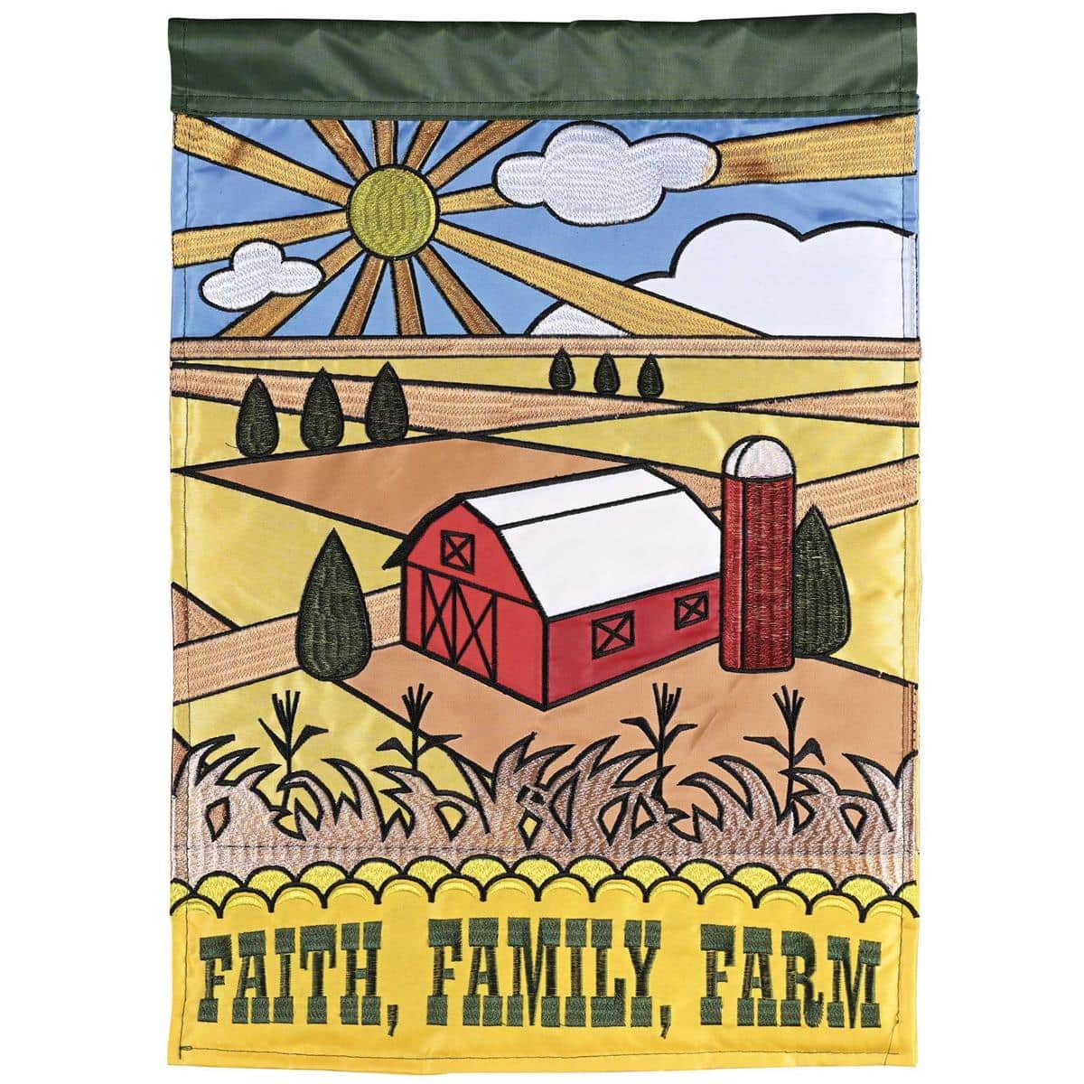 13x18 Barn Faith Family Farm garden flag featuring a layered double applique barn graphic with 'Faith Family Farm' text in rustic colors, ideal for farmhouse porch and garden display.