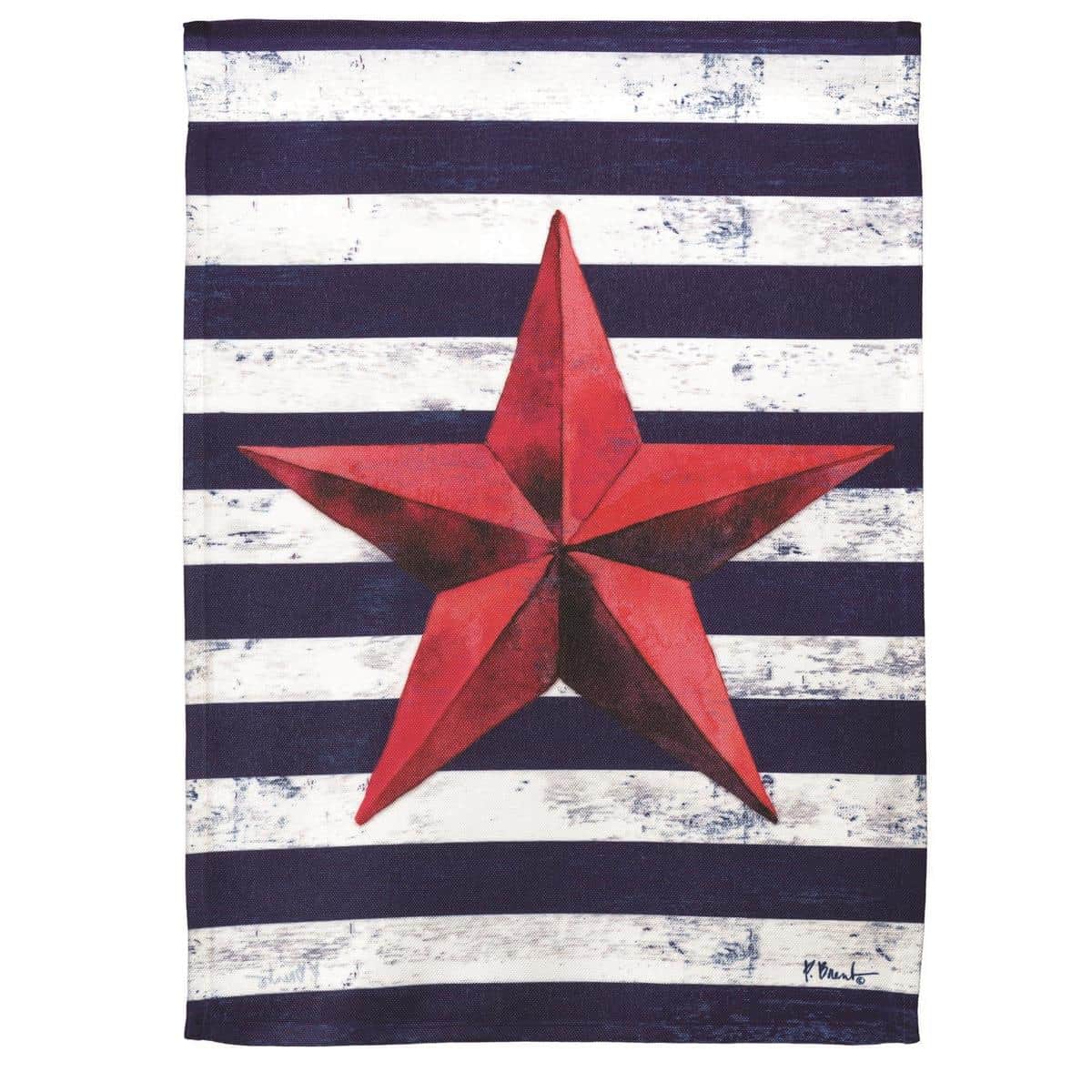Printed Barn Star banner flag 30x44 displayed on a farmhouse porch showing a centered navy star on a rustic white field with hemmed edges and a reinforced sleeve for hanging.