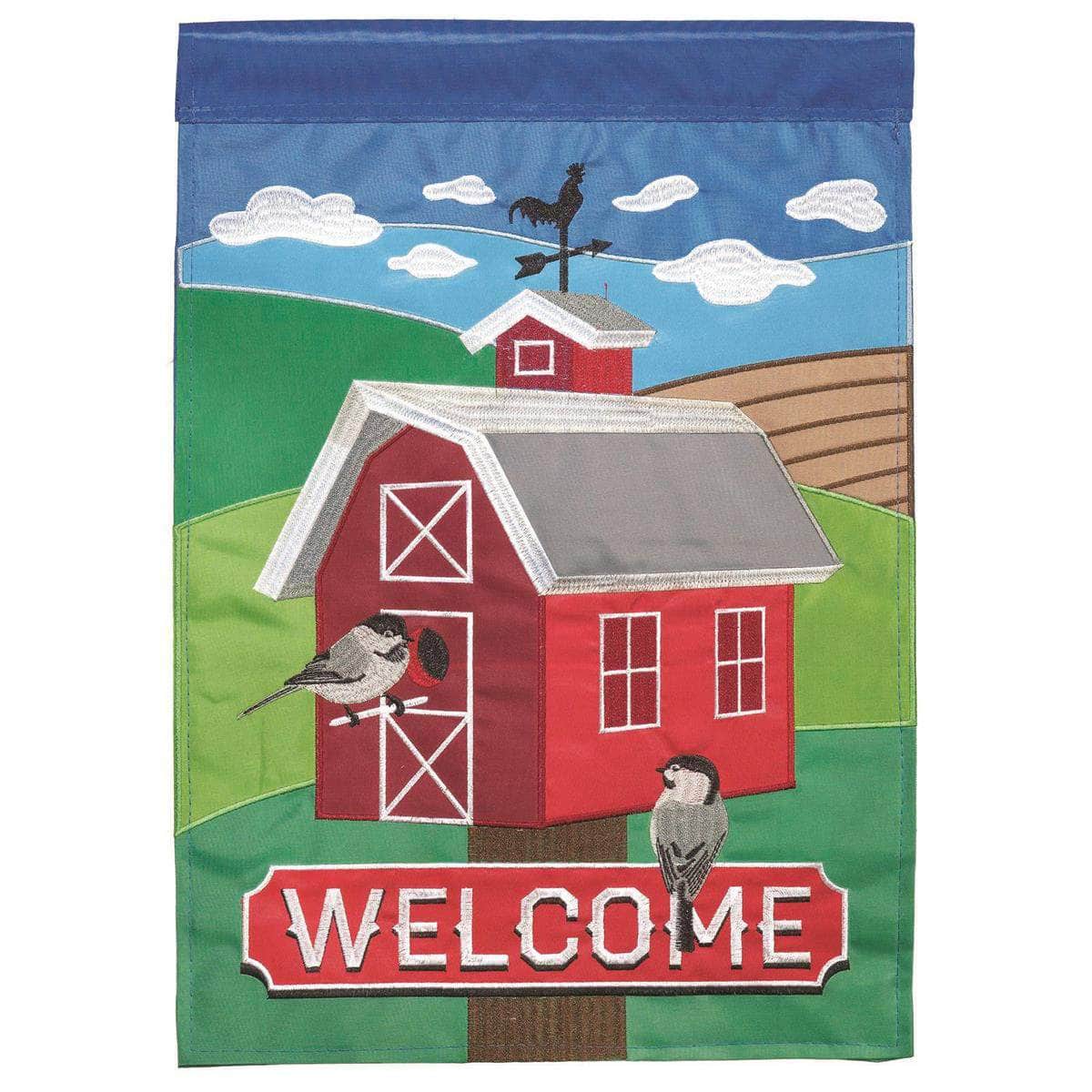 Barn Birdhouse flag with charming design, intricate embroidery, and durable construction for outdoor spring and summer decor.