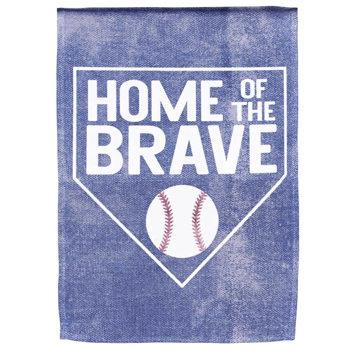 Garden flag showing a baseball silhouette and stitching over a stars and stripes background with the text 'Home Of The Brave', printed 13 by 18 inches for outdoor display.