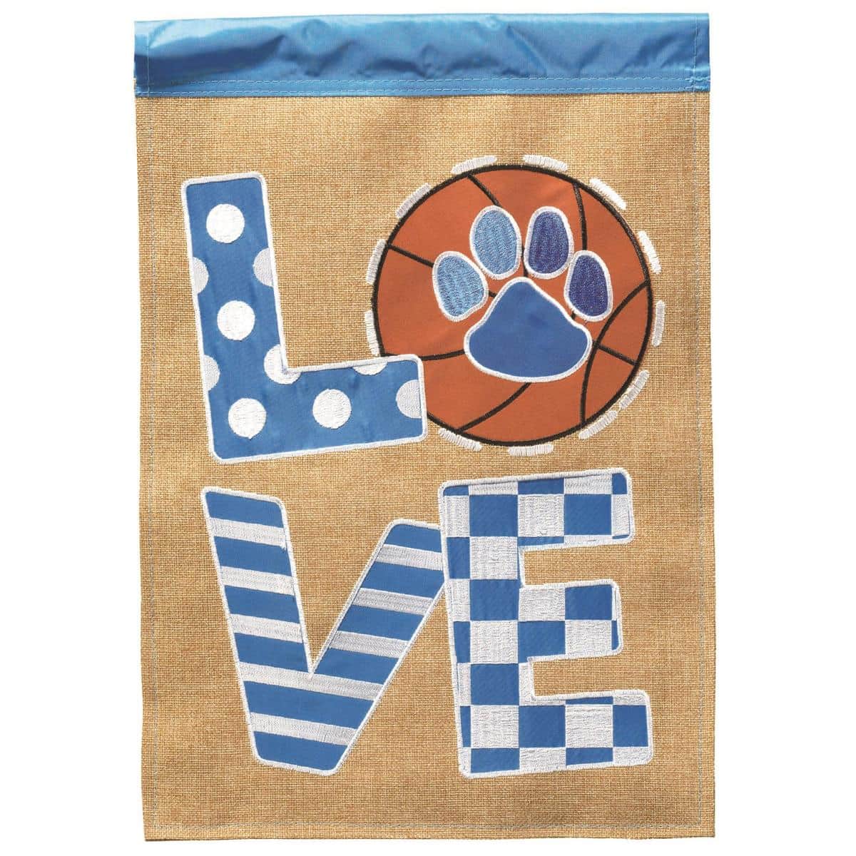 13x18 Basketball Love KY Blue White double applique garden flag displayed on lawn with bold blue heart and basketball graphic, ideal for sports fans and porch decor.