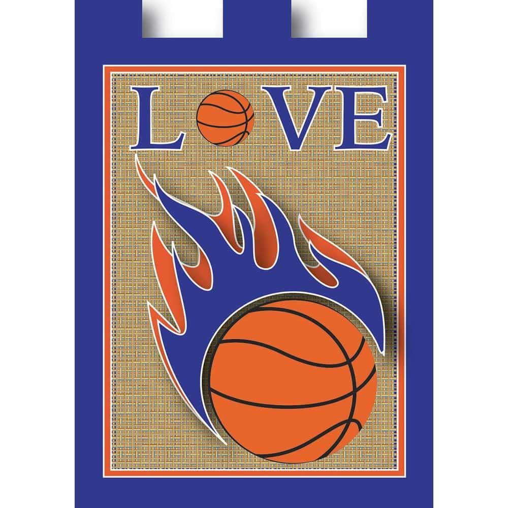 13x18 double applique garden flag showing orange and blue basketball graphic on lawn display, ready for garden pole or porch mounting