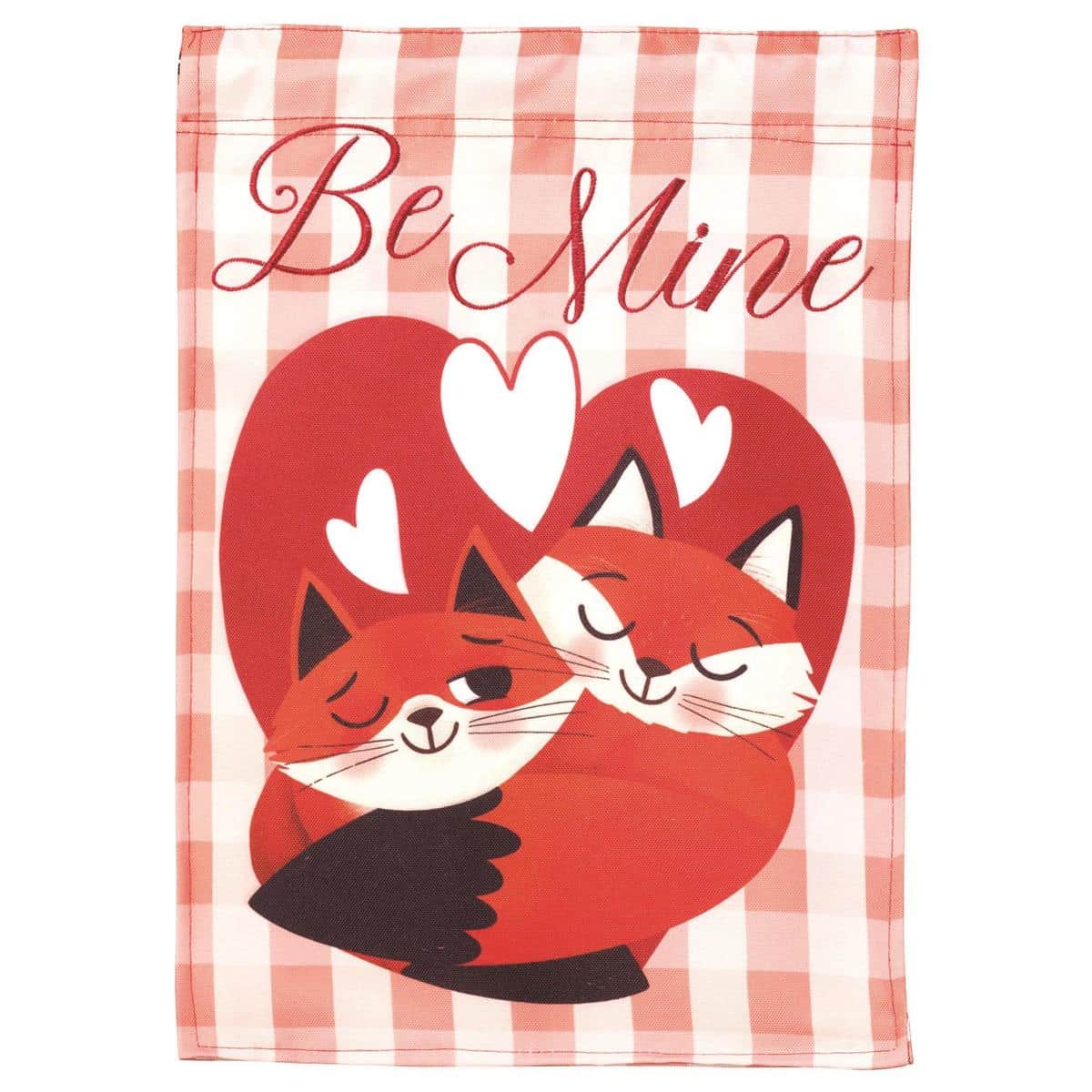 Be Mine Fox 29x42 banner flag featuring adorable fox, layered appliqued hearts, Be Mine script, double sided, red and pink Valentine outdoor display.