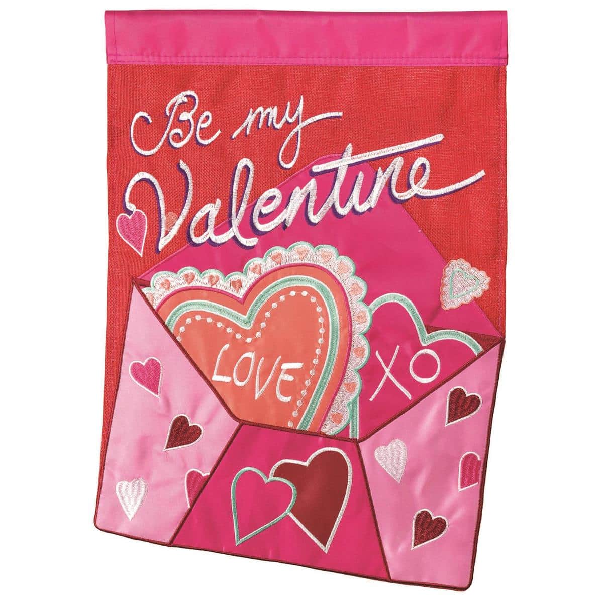 13x18 Be My Valentine burlap garden flag with layered double applique hearts and floral accents, rustic texture and reinforced sleeve for standard garden flag pole display