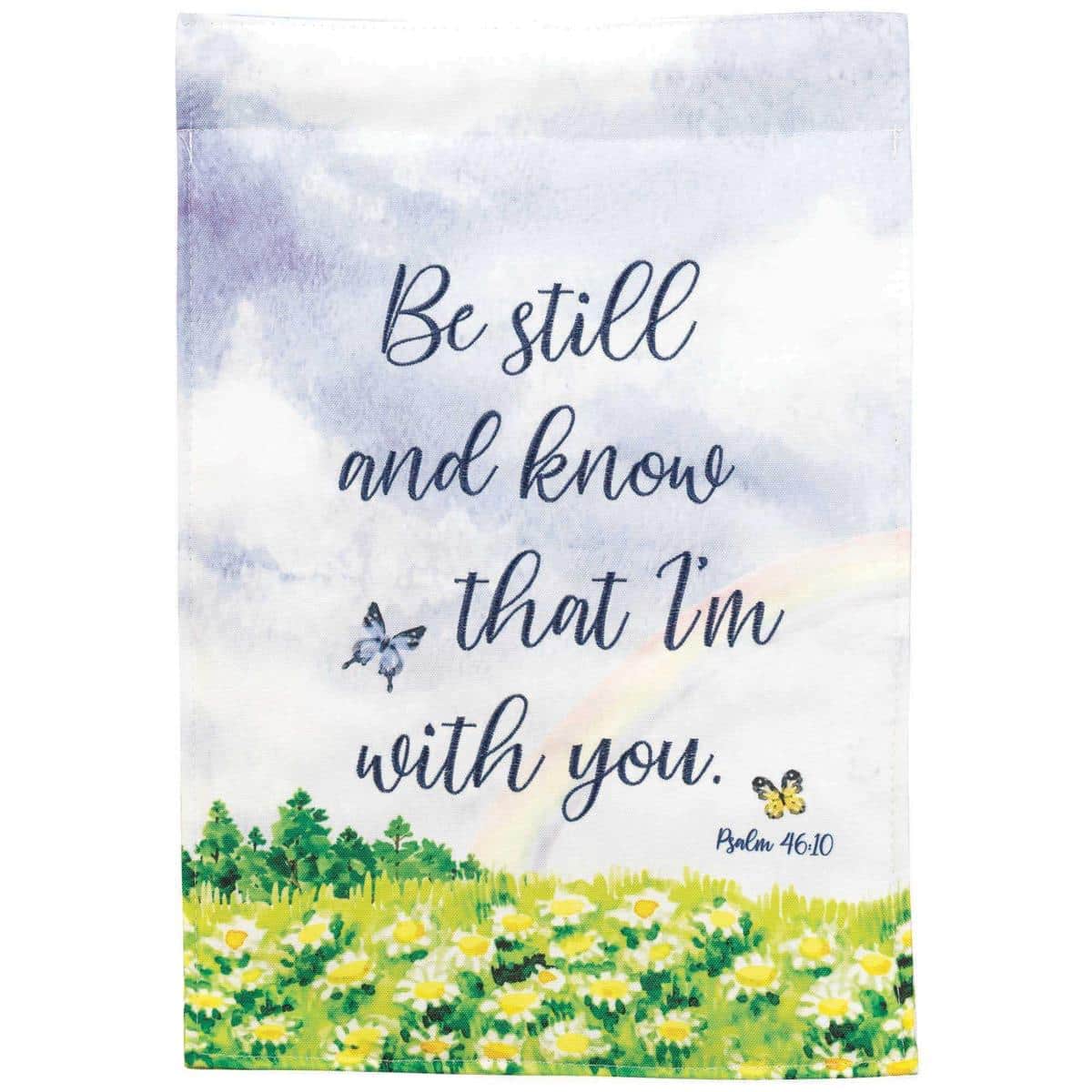 Be Still Psalm 46:10 double applique 13x18 InspireFlowr garden flag with floral accents, two-sided readability, displayed on a garden stand by a front walkway