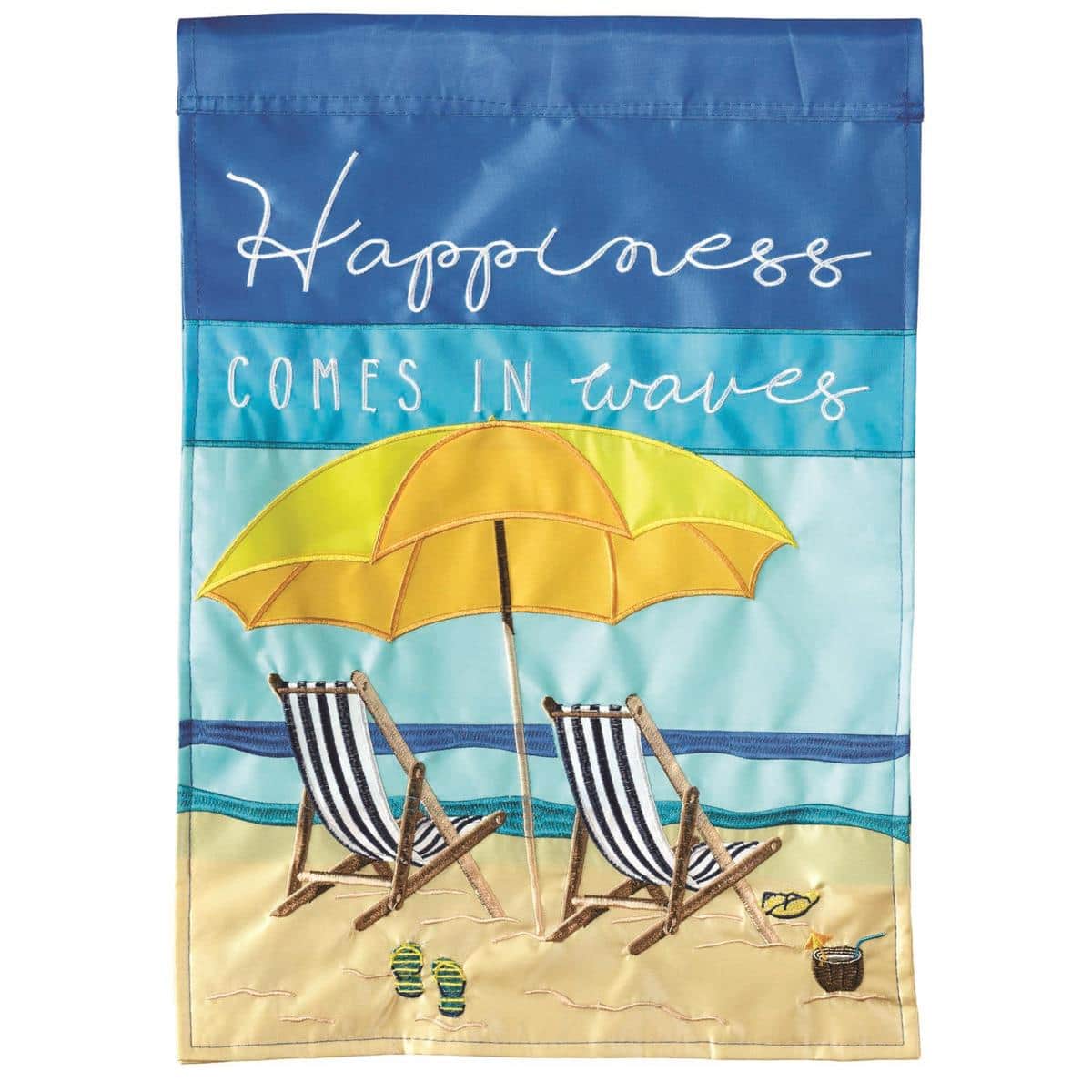 13x18 Beach Chairs Happiness double applique garden flag showing two colorful beach chairs, coastal background, and the word Happiness, perfect for porch, patio, or yard summer decor.