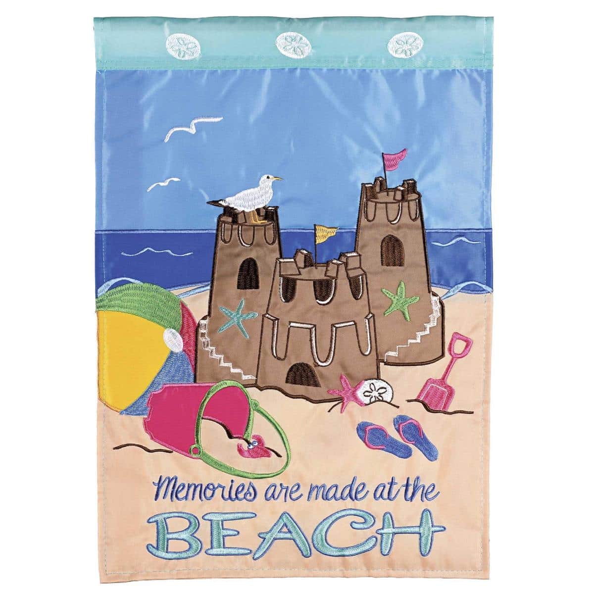 13x18 Beach Memories waterfront garden flag double applique showing sailboat, starfish, shoreline, and sun in coastal colors on a small garden flagpole