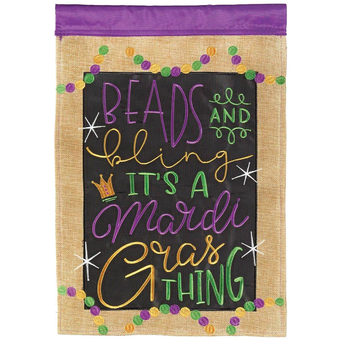 Beads Bling Mardi Gras 29x42 burlap double applique banner flag with masks, beads, and gold, green, purple details hanging on a front porch