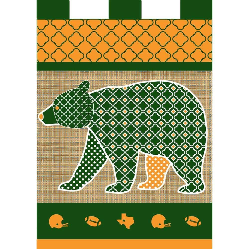 Double applique green and gold bear 13x18 garden flag on a metal stand, layered stitching and bold mascot graphic for outdoor game day yard display