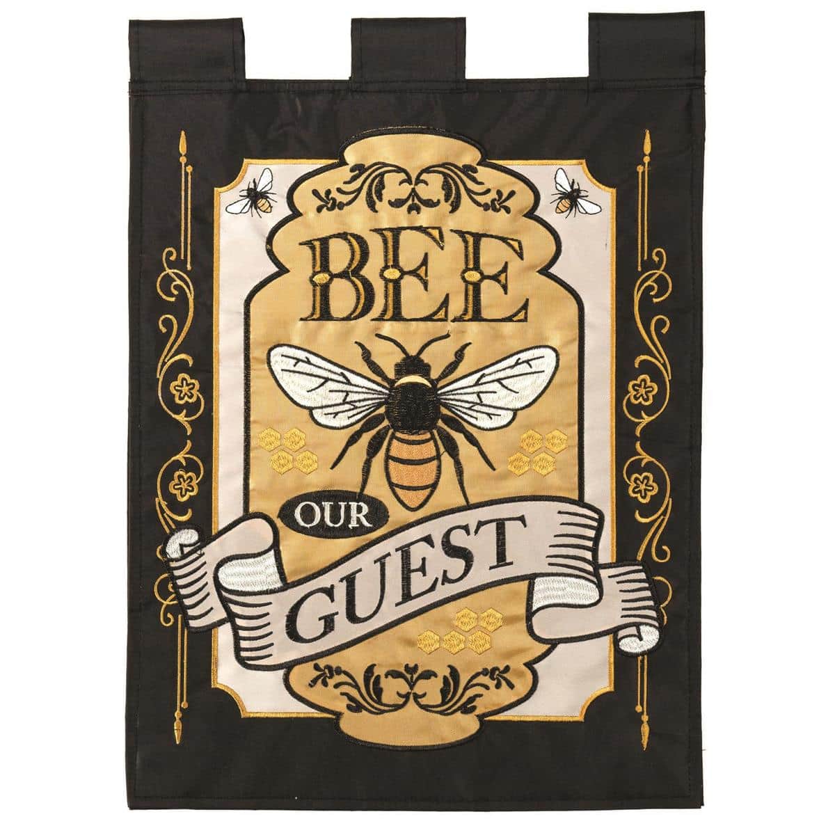 Bee Our Guest 13x18 double applique garden flag with stitched bees and upbeat welcome text, two sided and ready for display on a standard yard stand.