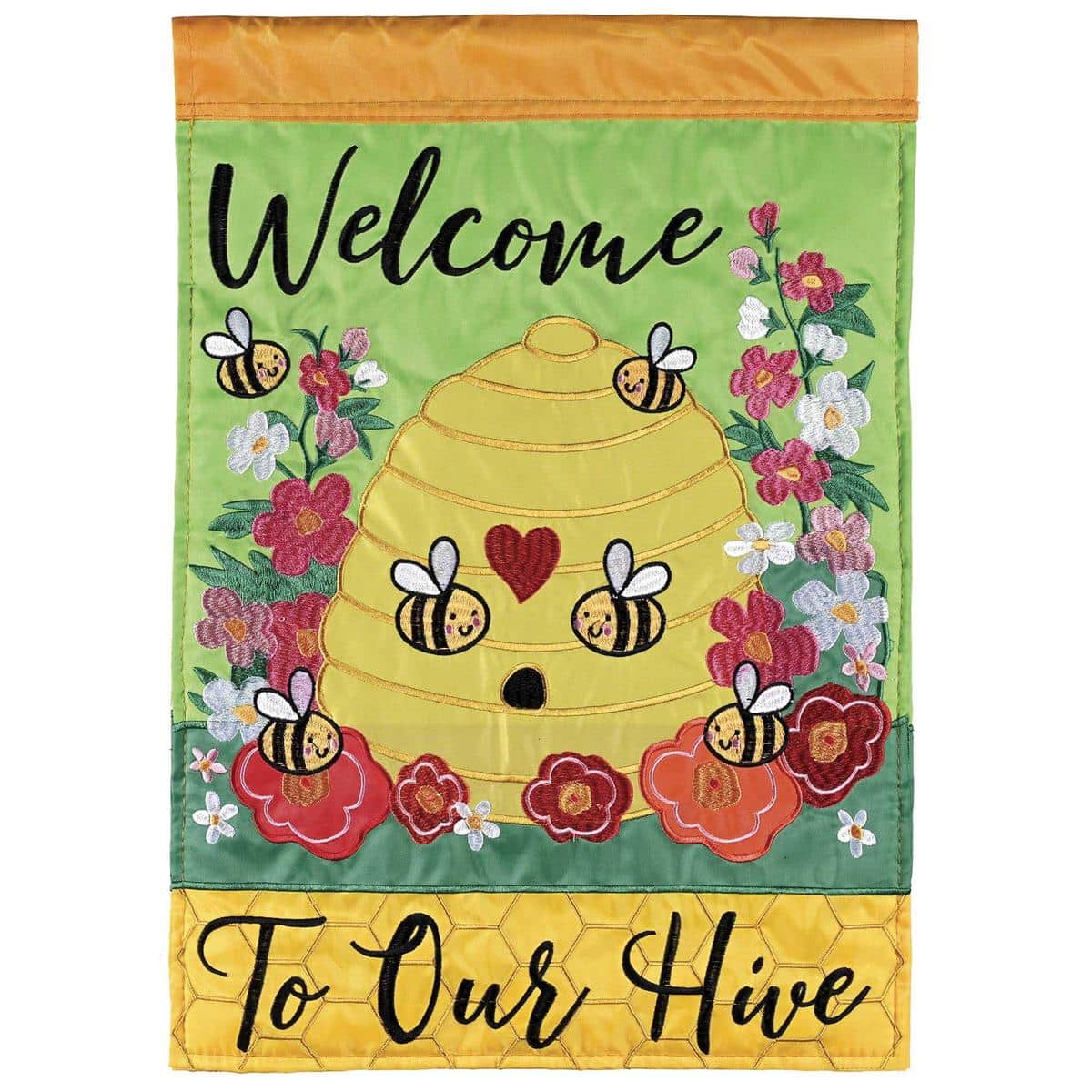 Close-up of Bee Welcome To Our Hive double-applique garden flag showing layered bees, embroidered accents, floral applique, and bold "Welcome to Our Hive" lettering on textured fabric.