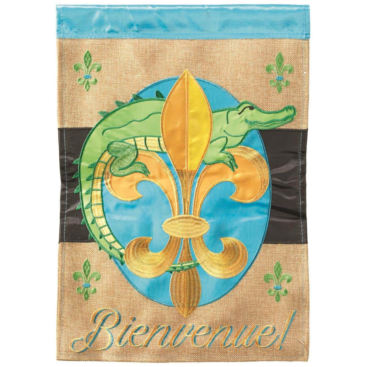 Bienvenue Alligator burlap banner flag with fleur-de-lis, double applique, 29x42 inch two-sided welcome sign styled LAFleurDeLis for porch or garden