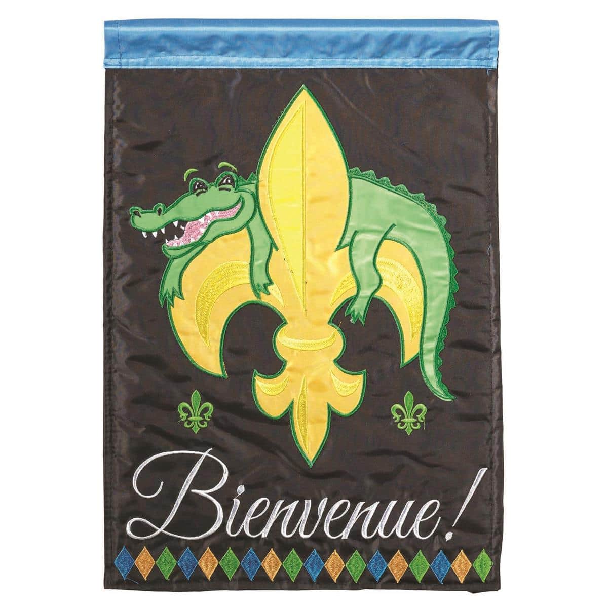 29x42 Bienvenue alligator banner flag double applique showing green alligator with stylized features and French 'Bienvenue' script on a neutral background, hanging on a porch pole.