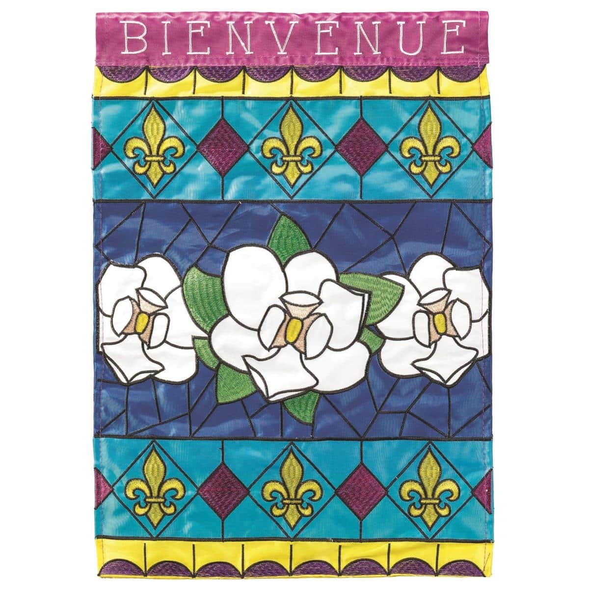 29x42 Bienvenue Magnolia Stainglass banner flag image showing double applique magnolia motif with stained-glass color panels, LA-MardiGras accents, and pole sleeve, hanging on porch arm