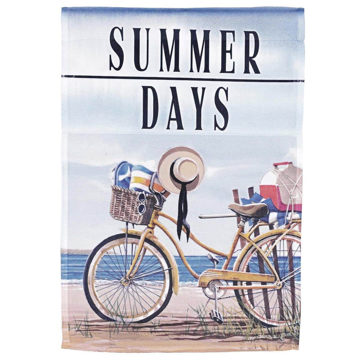 Bike Summer Days garden flag 13x18 printed bicycle design with sun and floral accents shown on a metal garden flag pole next to a front porch step and potted plants.