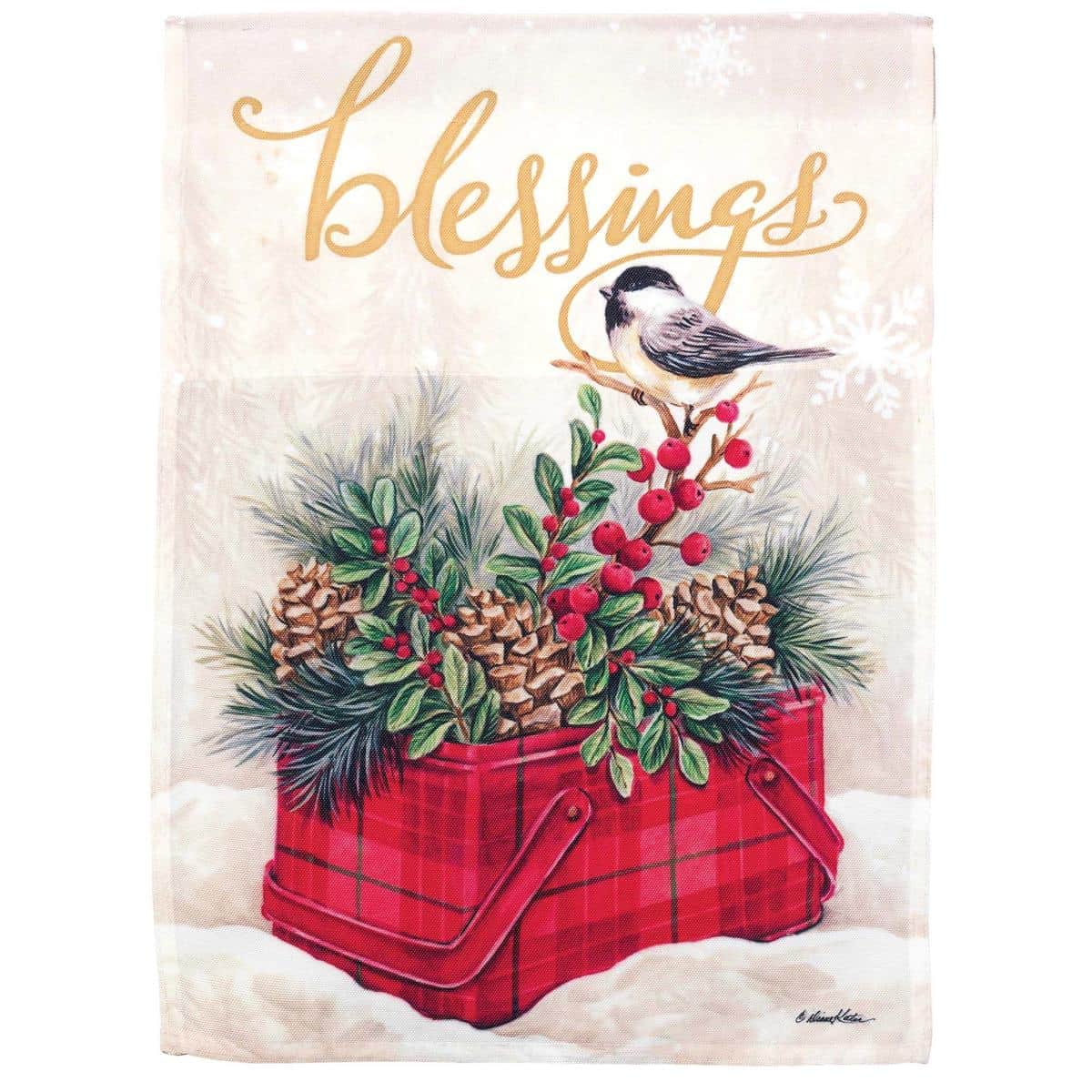 13x18 printed garden flag showing a vintage tin style bird with Christmas accents on a rustic background, suitable for porch or yard holiday display.