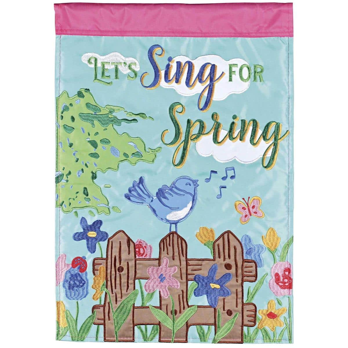 Spring garden flag featuring colorful birds and the phrase Let Us Sing For Spring in double applique with stitched layers and a pole sleeve for outdoor display