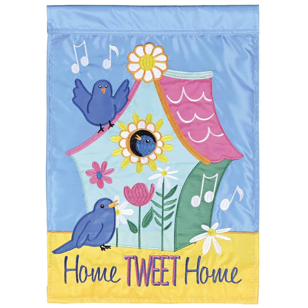 Decorative BirdsBirdhouse flag with Home Tweet Home phrase, layered double applique, embroidered birds, outdoor garden or porch decor, sleeve fits standard poles