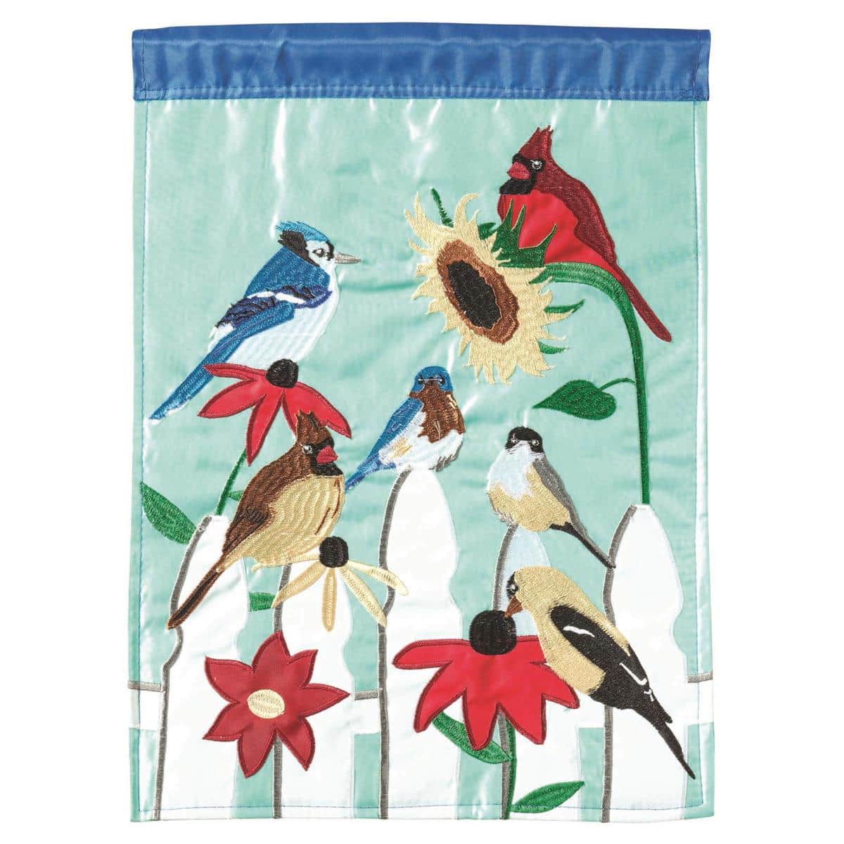 13x18 Birds On Fence Flowers garden flag with double applique showing birds perched on a picket fence and colorful flowers, ideal for outdoor porch, yard, and garden display.