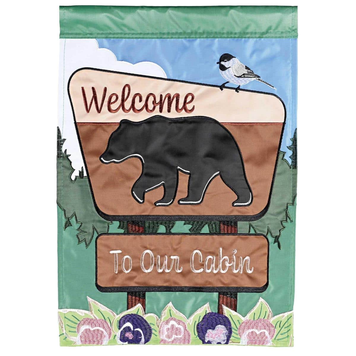 Black Bear Welcome To Our Cabin double applique outdoor flag with rustic woodland graphics, thick embroidery, and two-sided welcome for cabin porches