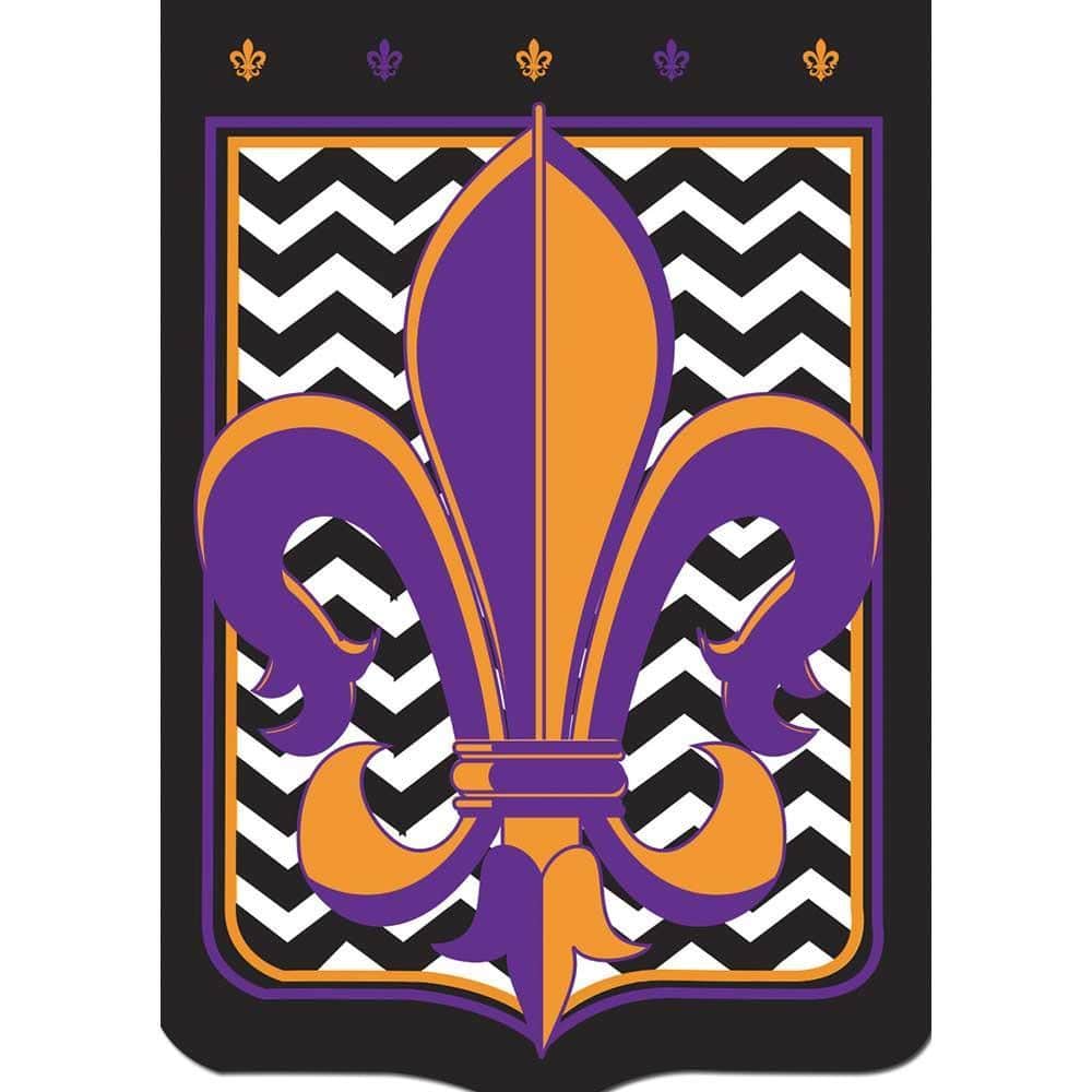 13x18 double applique garden flag with black chevron pattern and purple and gold accents hanging from a short porch flagpole, close-up showing layered applique texture and stitching.