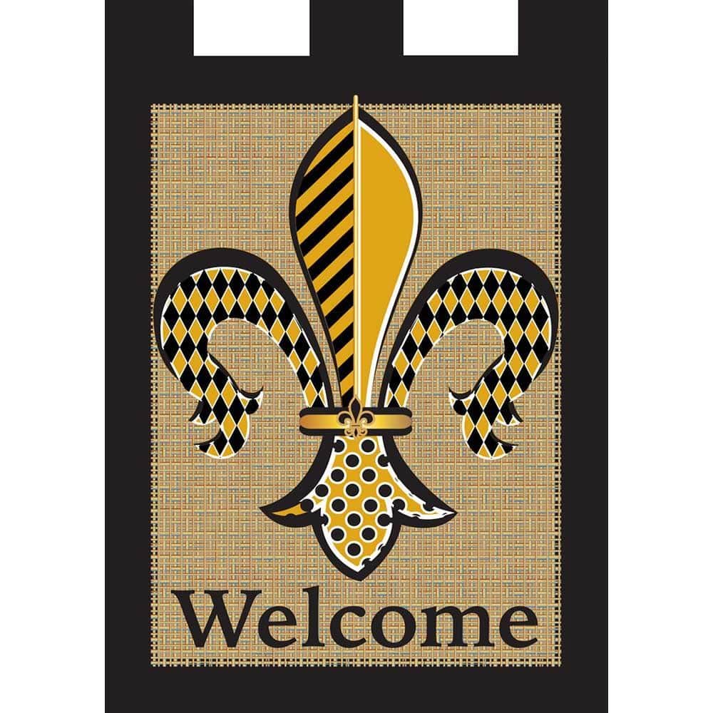 Black and gold Fleur de lis 29x42 double applique banner flag with reinforced sleeve, raised applique texture, and bold metallic gold accents for porch or garden display.