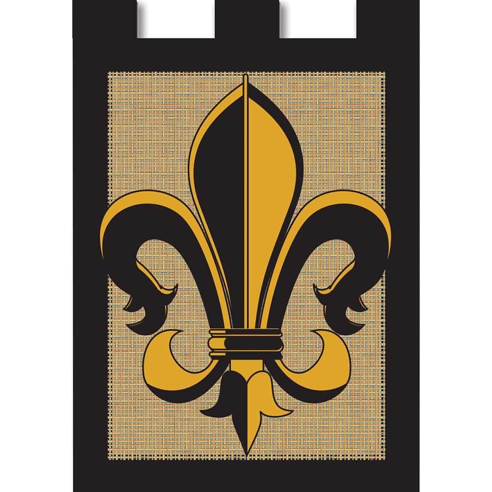 Black and gold burlap fleur-de-lis garden flag, 13x18 inches, double applique, dual-sided, on a metal stand by a front walkway.