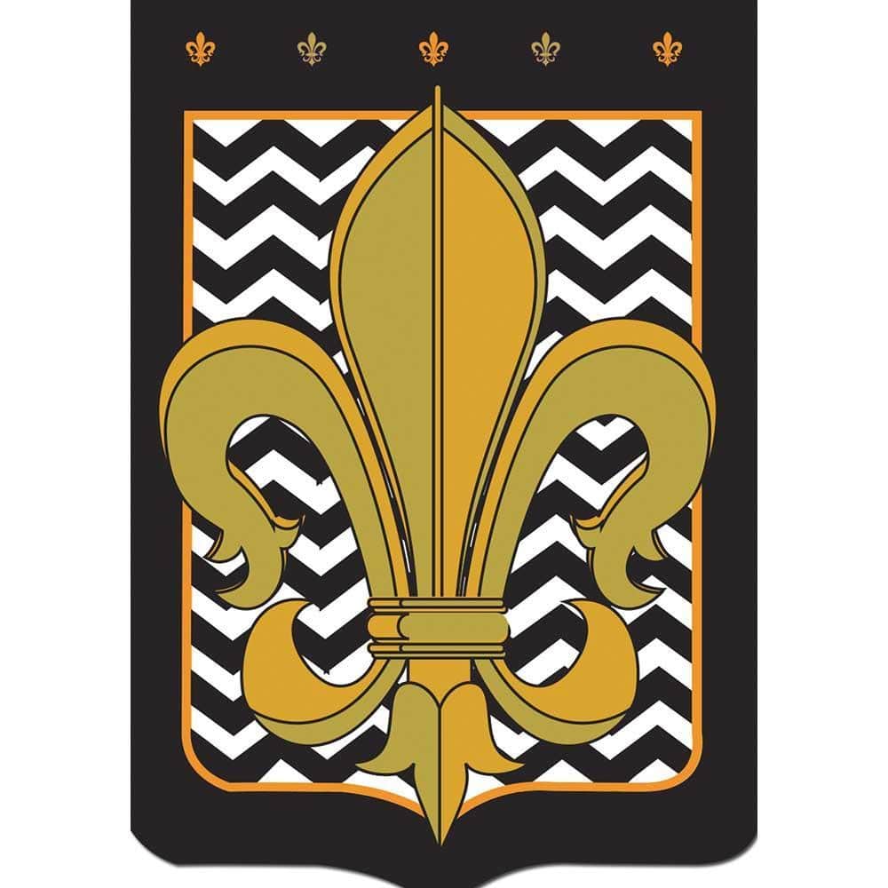 House-size 29x42 black and gold chevron banner flag, double applique, outdoor ready, shown hanging from a pole sleeve on a front porch entry