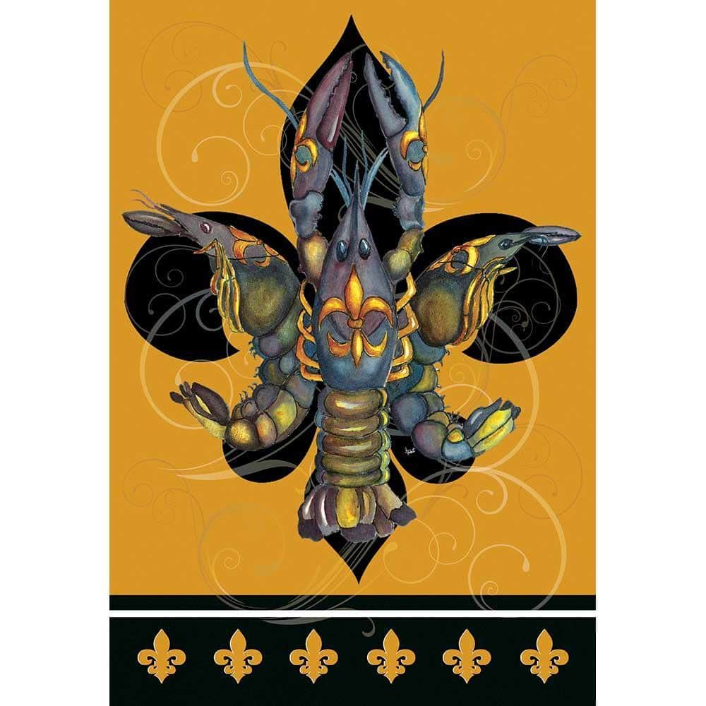 Black and gold 13x18 garden flag printed with a crawfish and Fleur de Lis motif displayed on a metal garden flag stand in an outdoor garden setting.