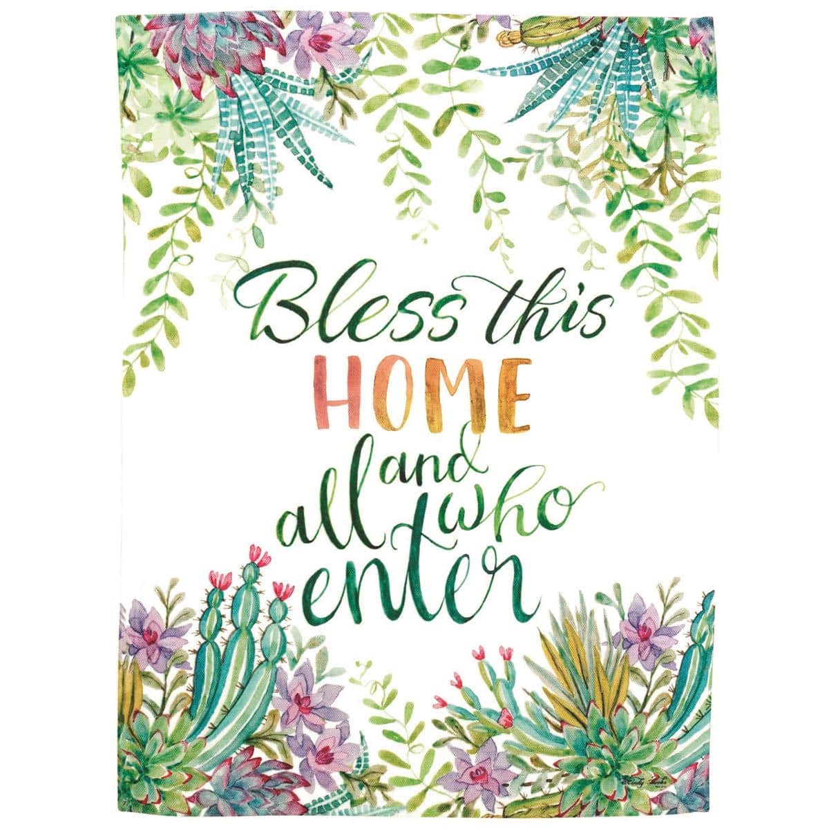 30x44 Bless This Home Succulents printed house banner flag with watercolor greenery, everyday outdoor decor, wide top pole sleeve, front porch display.