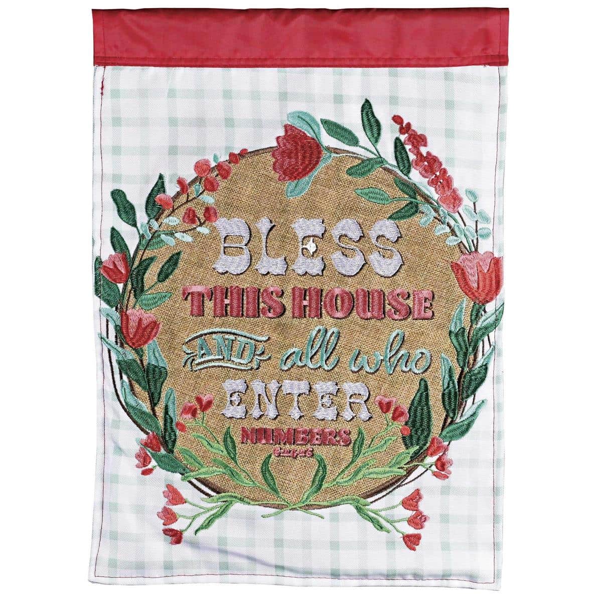 Double applique floral flag reading Bless This House And All Who, two-sided, weather-resistant polyester with layered embroidery, for porch, entryway, or garden.