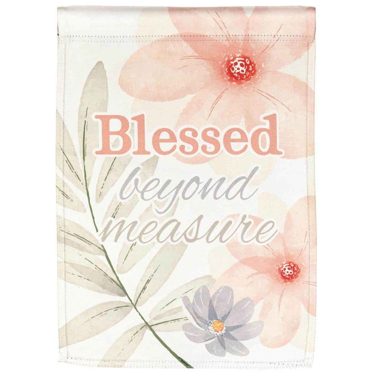 13x18 Blessed Beyond Measure MOM printed garden flag displayed on a standard garden stand beside blooming plants, inspirational message in elegant script.