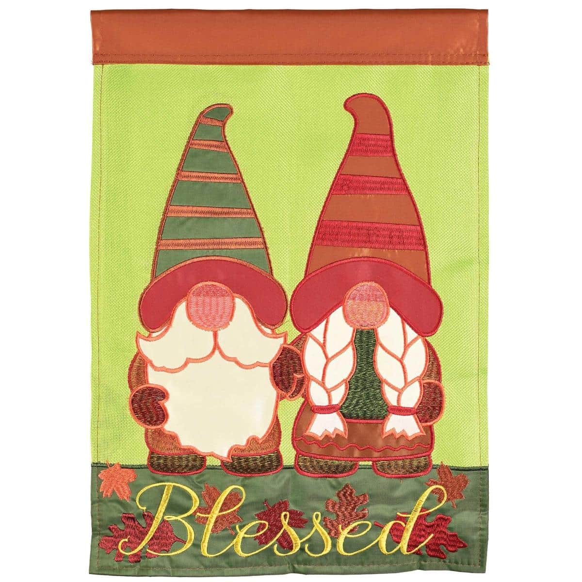 13x18 Blessed Gnomes Thanksgiving garden flag double applique - fall gnomes, pumpkins and 'Blessed' lettering on durable polyester fabric, ideal for porches and garden stakes.