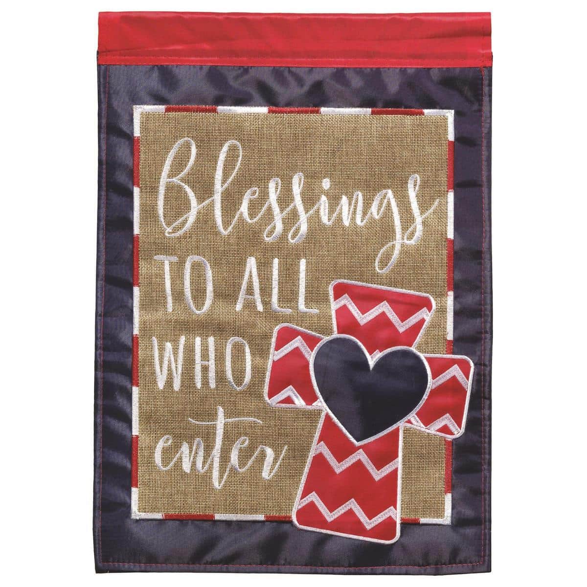 Small 13x18 Blessings To All garden flag with double applique inspirational message and embroidered accents on durable outdoor fabric displayed on a yard pole.