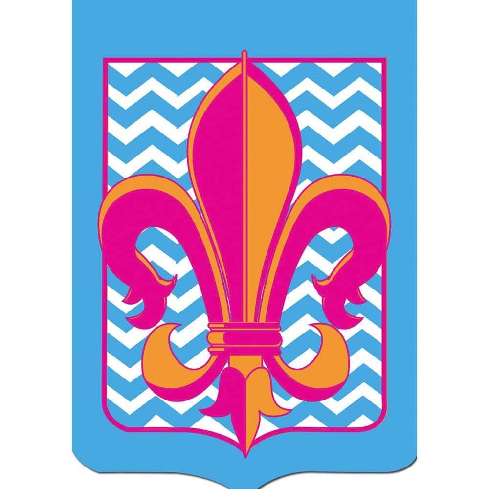 13x18 blue chevron garden flag with layered double applique fleur-de-lis emblem, reinforced top sleeve, and neat hem for standard yard pole display