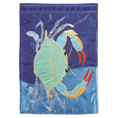 Blue Crab Garden Flag with double-thickness design, intricate applique stitching, and durable nylon construction for coastal outdoor décor.