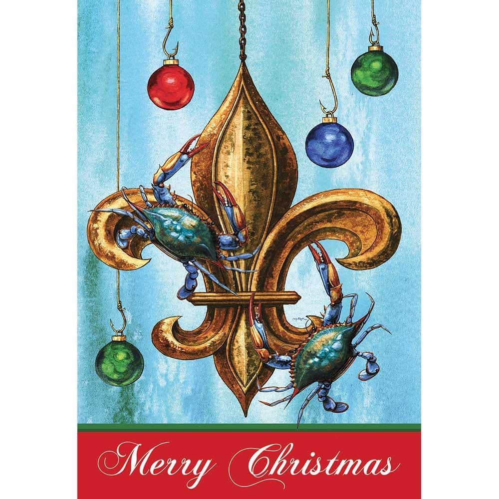 Blue Crabs Fleur-De-Lis printed 30x44 house banner flag showing vivid blue crabs around a classic fleur-de-lis, displayed outdoors on a standard pole
