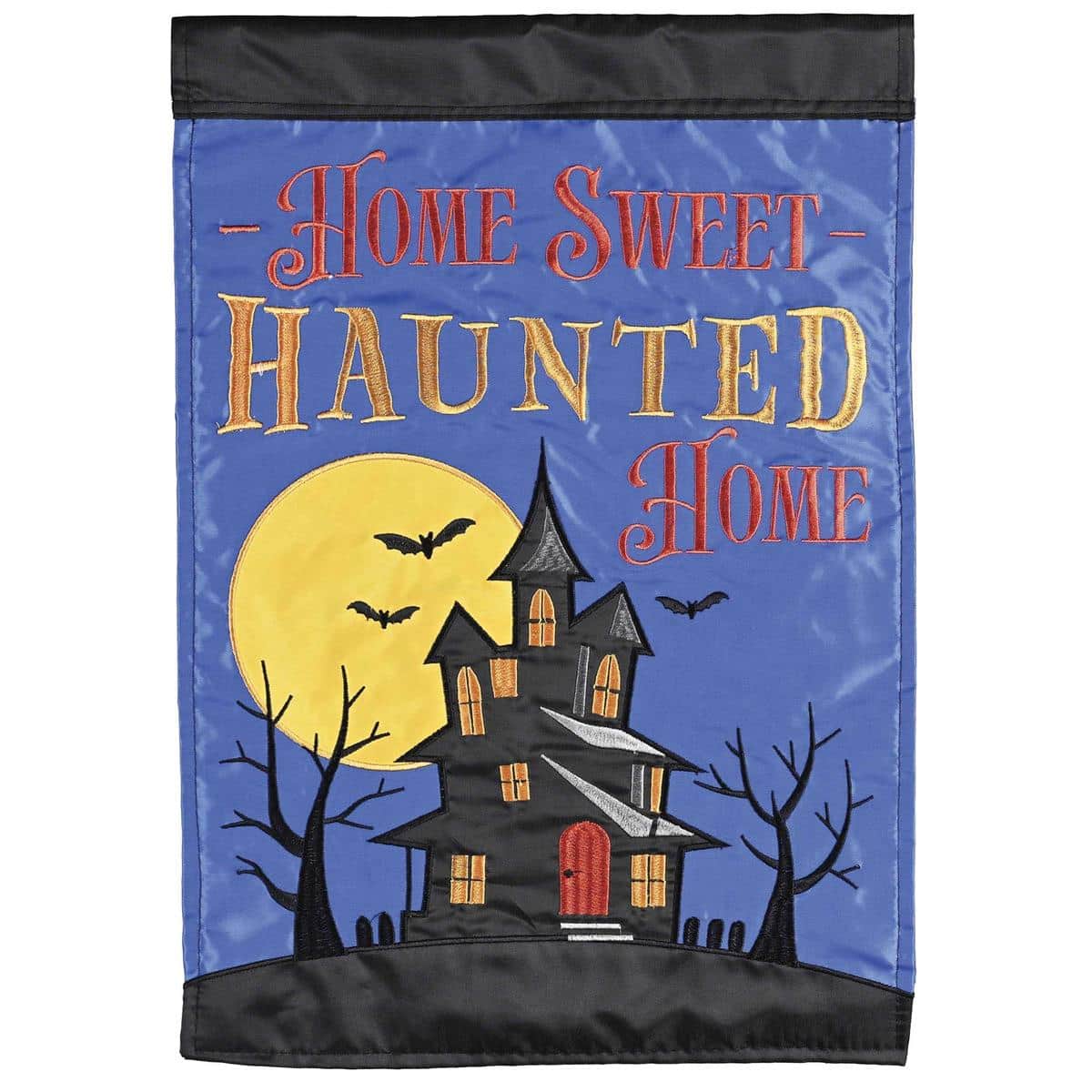 Blue Halloween flag image showing the phrase 'Home Sweet Haunted Home' on a blue background with a haunted house silhouette, bats, pumpkins, layered applique textures, and stitched detailing ideal for porch display.