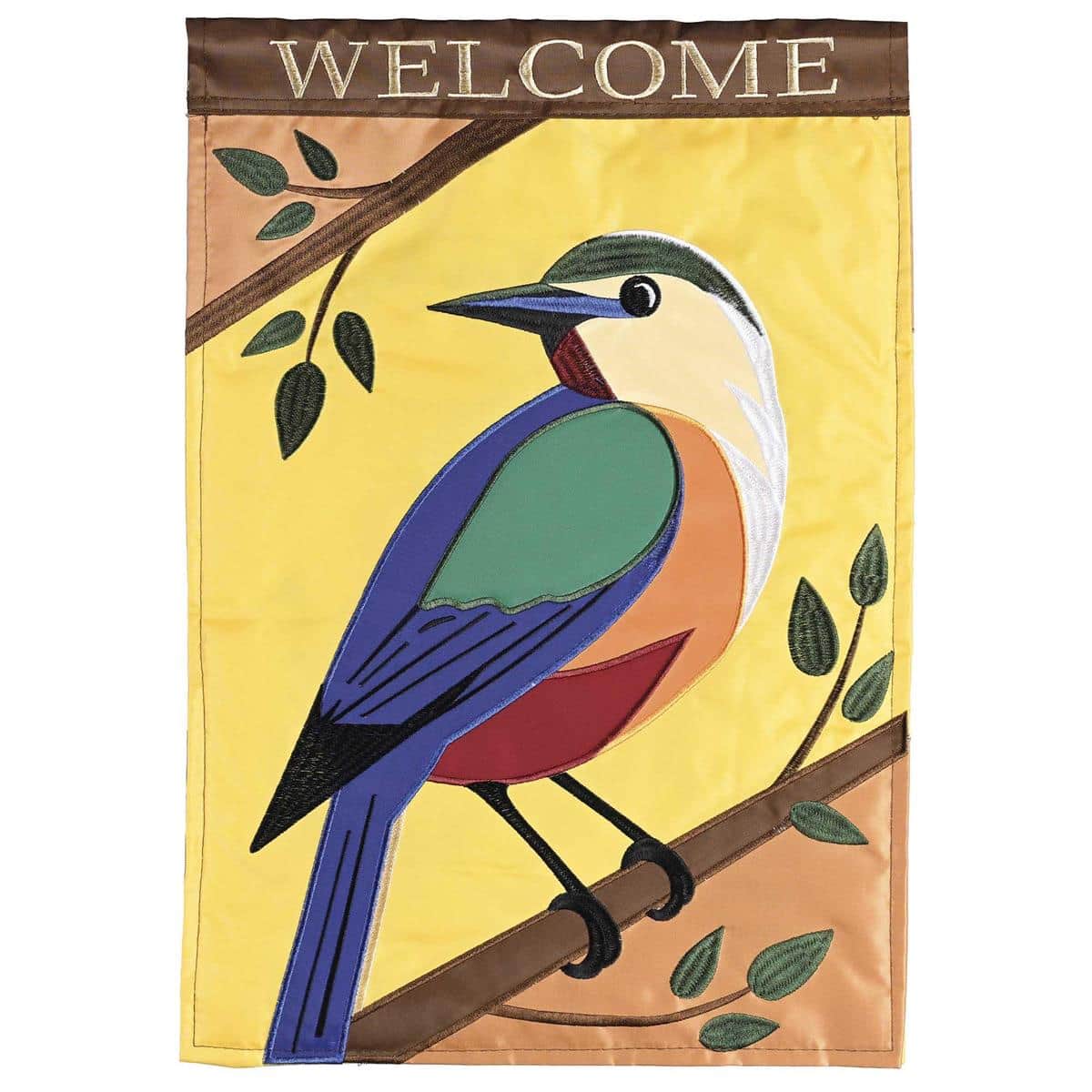 Autumn bluebird perched on a branch with warm fall leaves and a 'Welcome' message on a double-applique garden flag designed for outdoor porch and garden display.