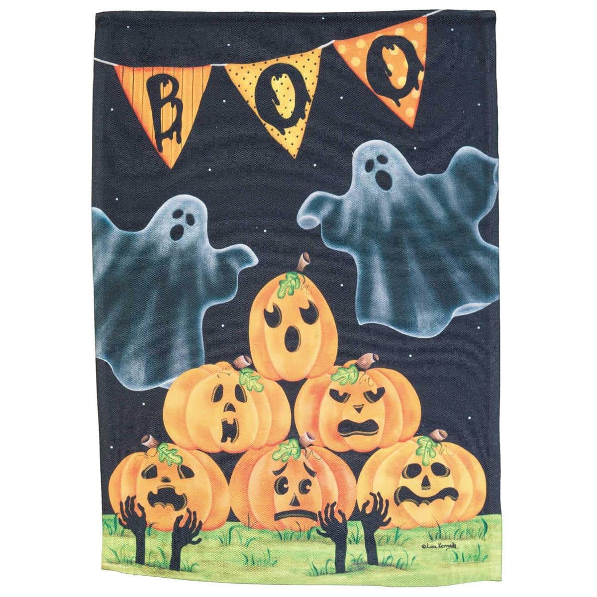 Halloween garden flag showing a smiling ghost and carved jack-o-lanterns with 'Boo' lettering on a dark background, 13x18 printed seasonal yard decoration.