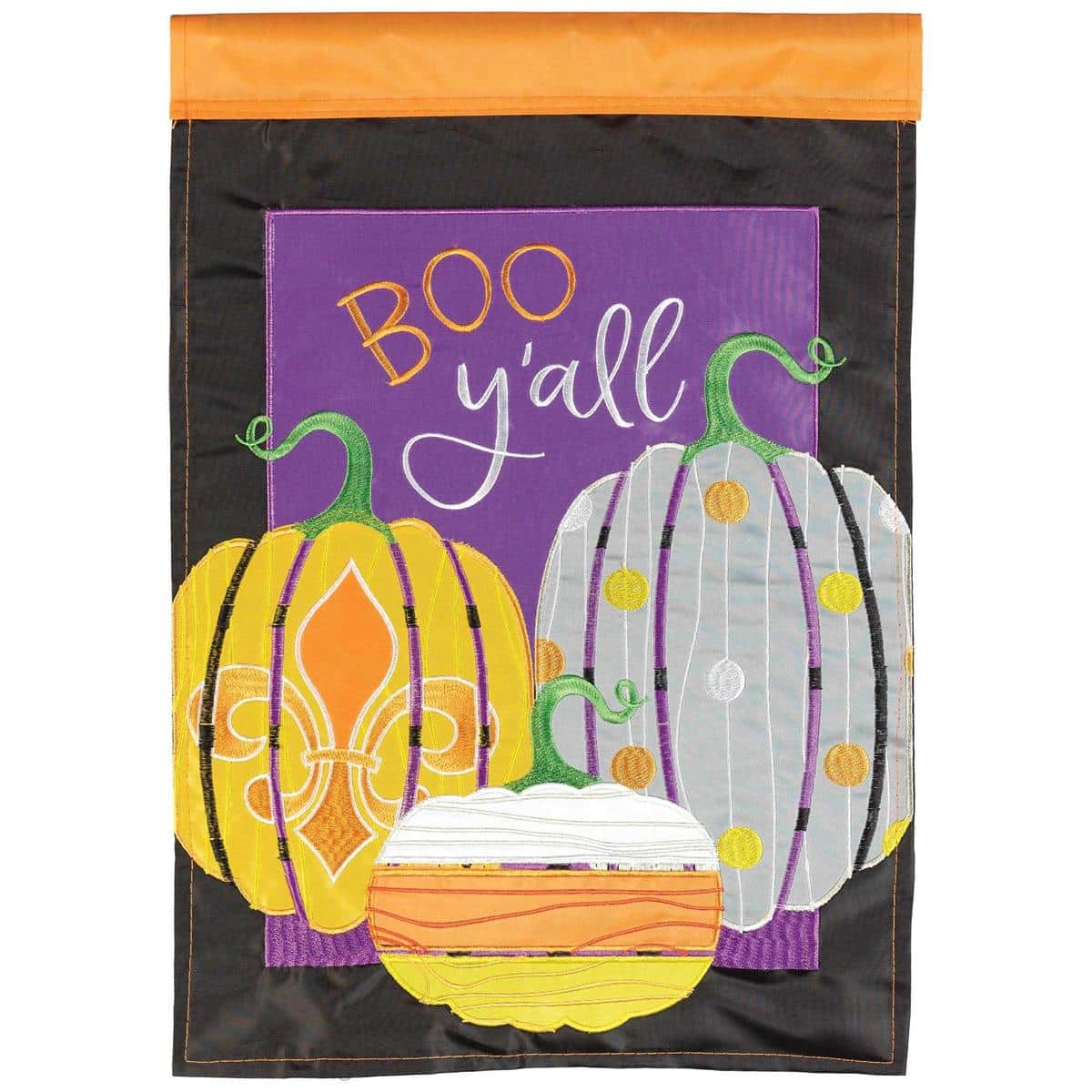 Boo Yall Fleur-De-Lis garden flag 13x18 double applique Halloween design with fleur-de-lis and Southern greeting for porch display.