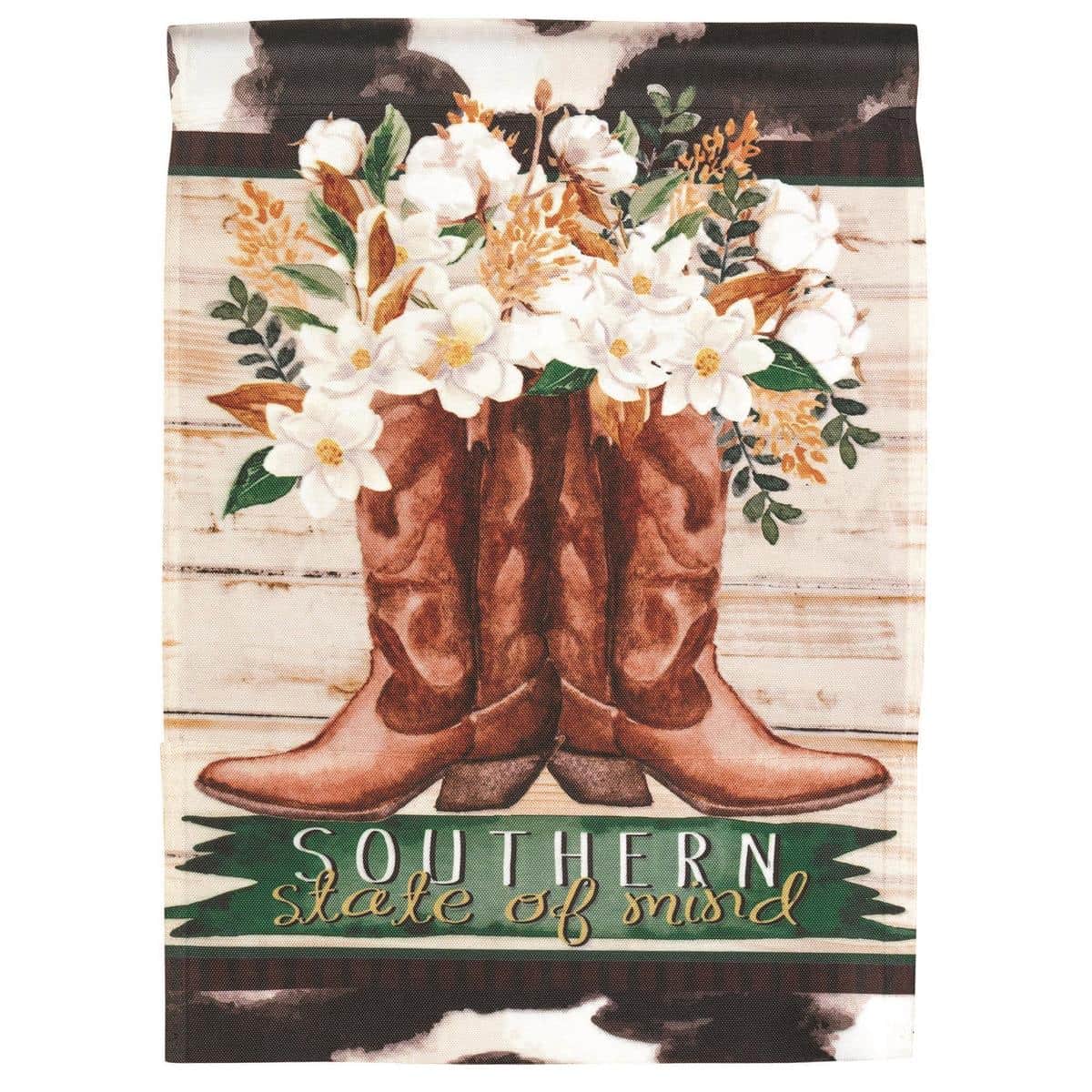 13x18 Boots Southern State Of Mind printed garden flag on a black metal stand showing vintage cowboy boots, rustic lettering, and distressed color tones for porch or patio display.