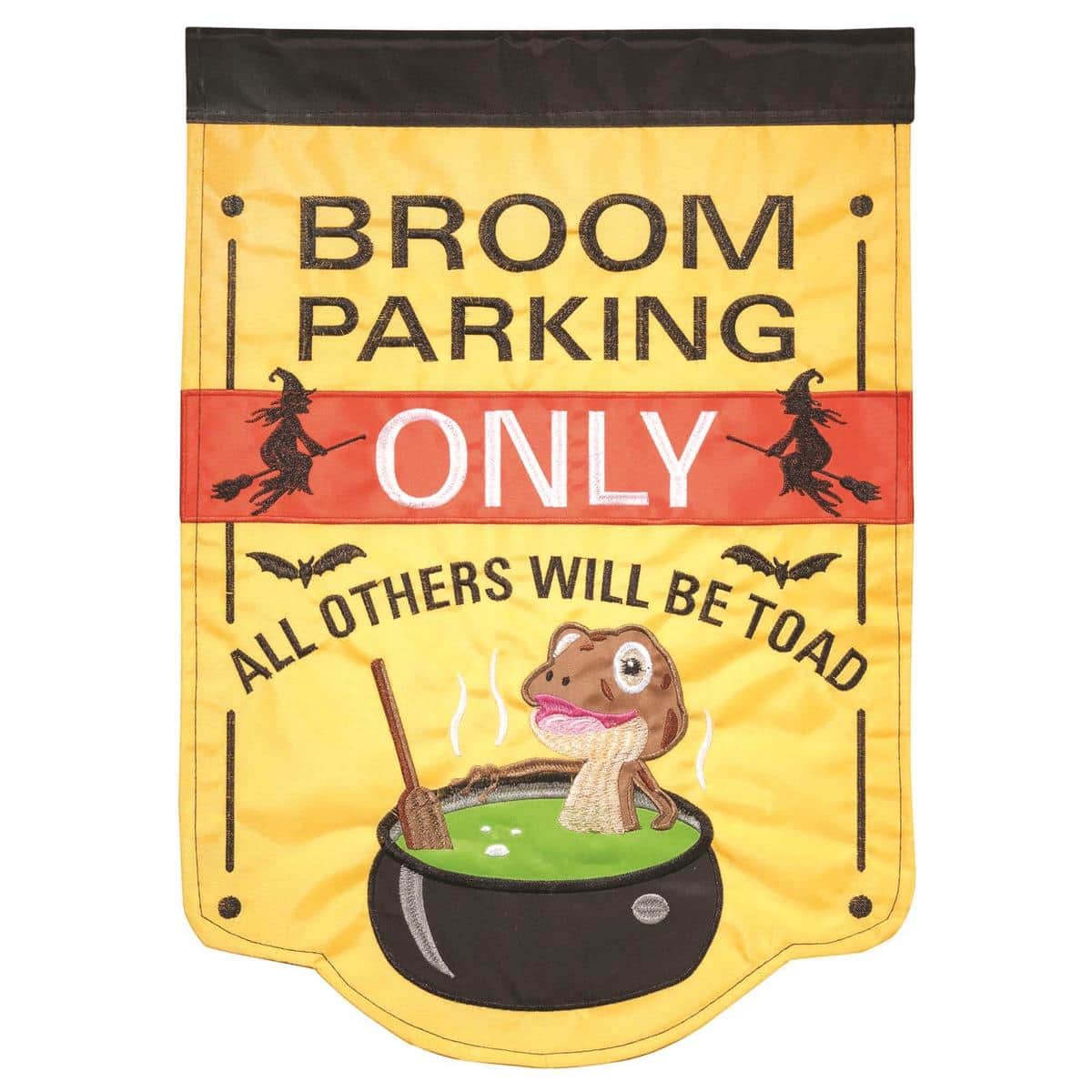 Close-up of HallowWitch Broom Parking Only 13x18 double applique garden flag with witch broom and hat, double sided lettering, weather ready polyester on stand