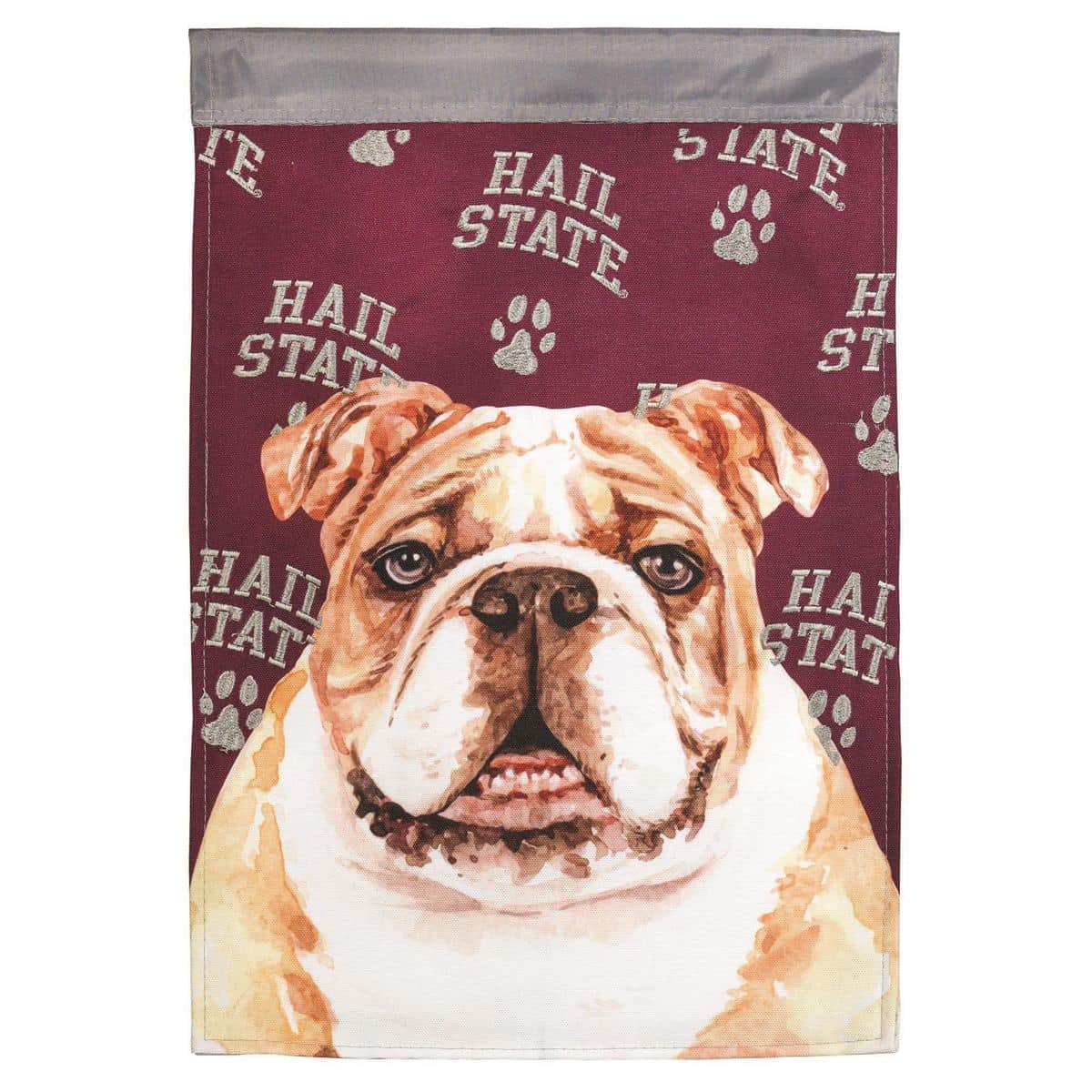 Alt text for the main product image: 13x18 Bulldog Hail State double-applique garden flag displayed on a metal yard stake showing the Bulldog logo and bold maroon and white team colors.