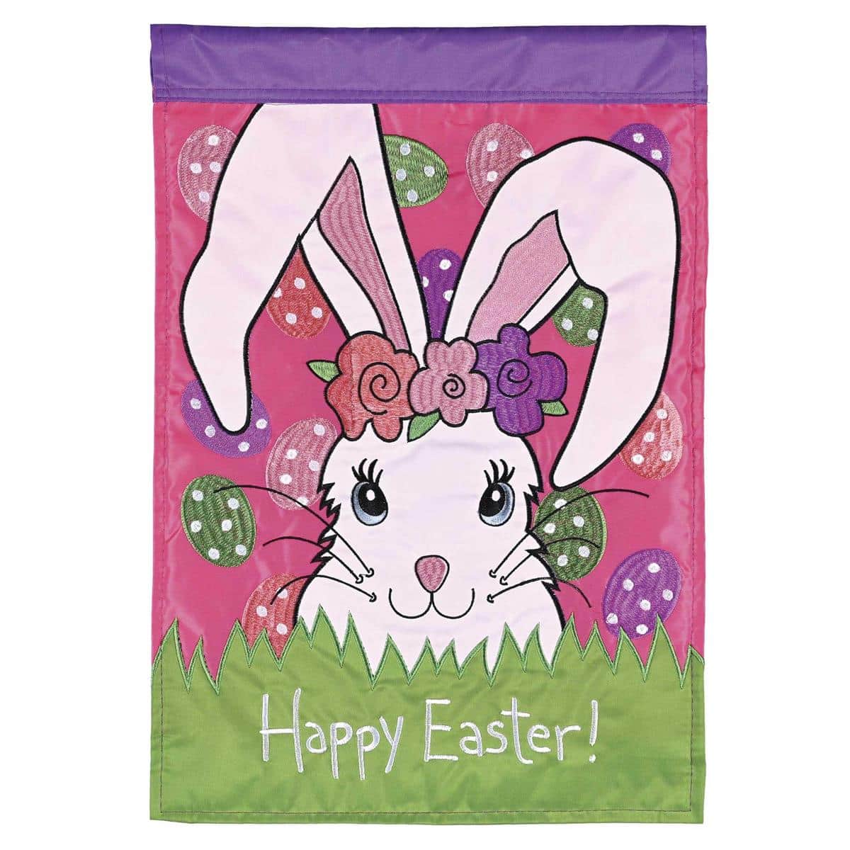 Close-up of Bunny Happy Easter double applique 13x18 garden flag with pastel bunnies, eggs, flowers and "Happy Easter" message displayed on a front porch stake.