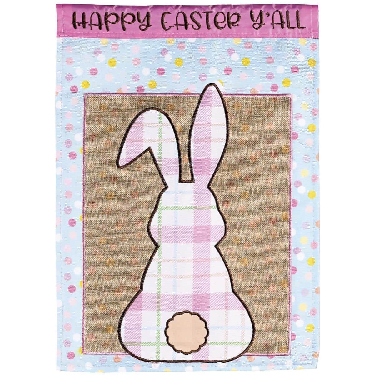 13x18 Bunny Happy Easter Yall double applique garden flag showing a smiling bunny with "Happy Easter Yall" lettering on a pastel background, displayed on a small garden pole beside spring planters.
