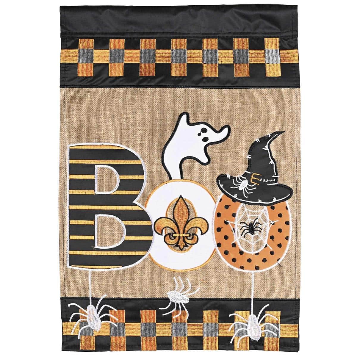 Main product image showing a burlap Halloween flag with a layered double applique ghost and fleur de lis motif, textured burlap background, and reinforced sleeve for mounting on a porch pole.